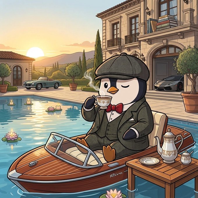 A cartoon penguin wearing a tweed flat cap, bow tie, and suit sits in a wooden boat on a pool, sipping tea with an elegant villa, sports cars, and sunset scenery behind it.