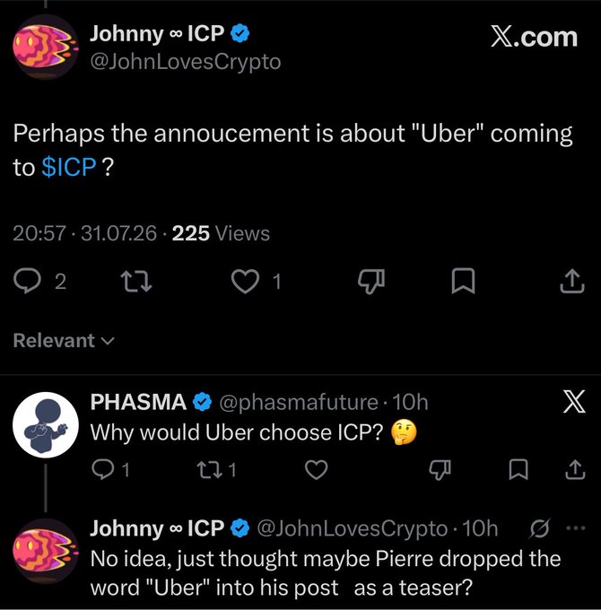 A tweet from @JohnLovesCrypto speculates whether an announcement is about Uber coming to $ICP, drawing skepticism from PHASMA (@phasmafuture) who questions why Uber would choose ICP, prompting Johnny to suggest Pierre may have teased "Uber" in his post. The accompanying post reinforces this skepticism by criticizing a user for criticizing $ICP without ever spending any in the ecosystem, highlighting the dismissive tone toward ICP adoption claims.