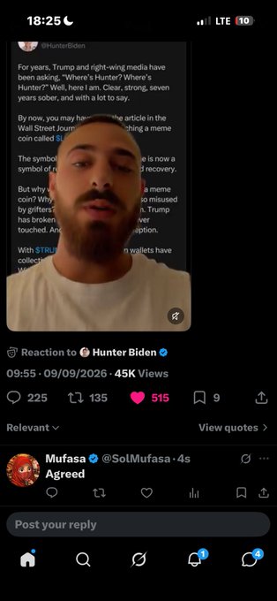 A screenshot from X (Twitter) showing a video reaction to a Hunter Biden post, with a user named 'Mufasa' replying 'Agreed' below.