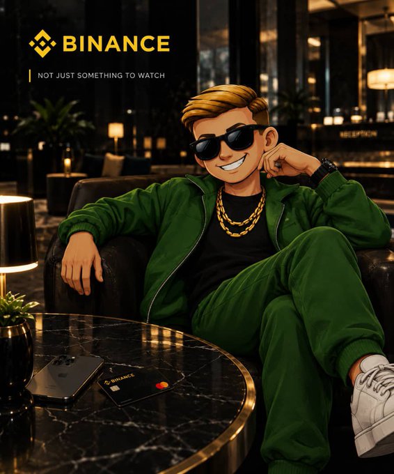 An illustrated cartoon character wearing sunglasses, gold chains, and a green tracksuit, sitting in a leather chair next to a marble table with a phone and Binance credit card, branded with the Binance logo and 'NOT JUST SOMETHING TO WATCH'.