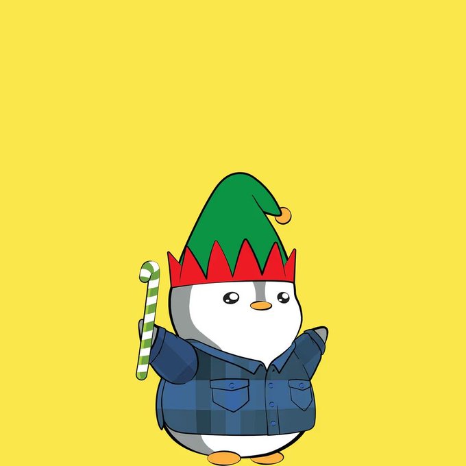 Illustration of a cute penguin character dressed in a blue plaid shirt and a green and red elf hat, holding a candy cane against a yellow background.