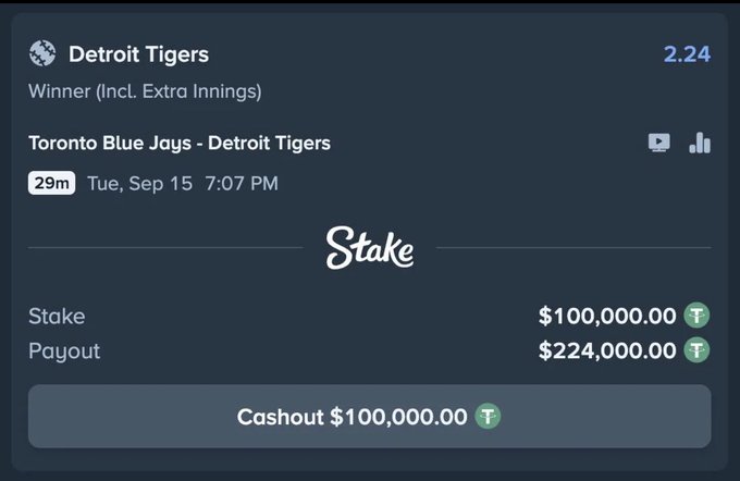 A Stake sports betting cashout screen showing a $100,000 wager on Toronto Blue Jays vs Detroit Tigers winner bet, with a $224,000 payout option available.