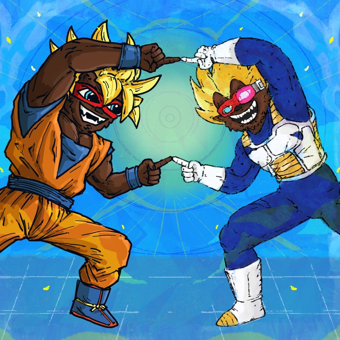 A digital illustration depicting two Super Saiyan-style characters with blonde hair, sunglasses, and finger guns, mirroring each other in a dynamic pose against a blue background.