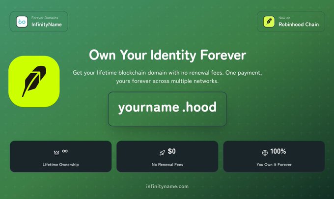 An ad for InfinityName's ".hood" blockchain domains on the Robinhood Chain, promoting lifetime ownership with a one-time $1 payment and no renewal fees, aligning with the post about purchasing a .hood domain in the Robinhood ecosystem.