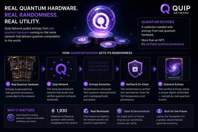A promotional infographic for Quip Network detailing 'REAL QUANTUM HARDWARE. REAL RANDOMNESS. REAL UTILITY.' and explaining how 'Quantum Echoes' generates verifiable entropy through a 5-step process.