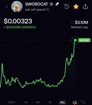 A cryptocurrency price chart for the SWORDCAT (catwif sword) token showing a current price of $0.00323, up $0.00298 (1159.15%), with a market cap of $3.10M and a green trending line on the ALL timeframe.