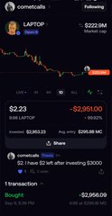 A trading chart showing the LAPTOP token's price has dropped to $2.23, down 52,351.59 (-99.99%), illustrating the post's reference to being "rugpulled by another celebrity memecoin" — with a visible line tracing the dramatic crash in value.