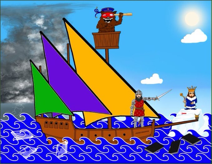 A cartoon illustration of a wooden sailboat with purple, yellow, and green sails navigating turbulent blue waves, with a knight at the prow, a king on an iceberg, and a furry creature in the crow's nest.