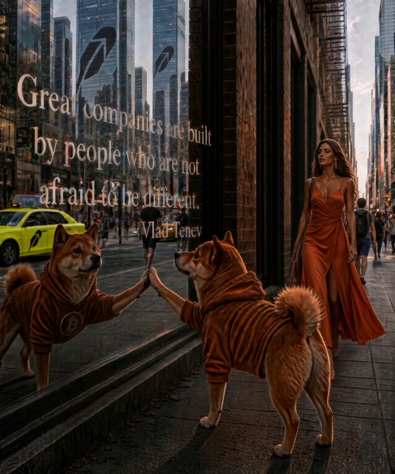 A cinematic street scene features two Shiba Inu dogs in orange hoodies facing each other in front of a window displaying the quote 'Great companies are built by people who are not afraid to be different.' attributed to Vlad Tenev, while a woman in a flowing orange dress walks past.