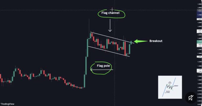 A TradingView candlestick chart illustrating a bullish 'Flag' chart pattern, with labels marking the 'Flag channel', 'Flag pole', and the 'Breakout' point.