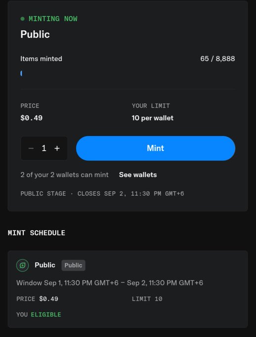 A screenshot of an NFT minting page showing 'MINTING NOW' for a 'Public' collection with 65/8,888 items minted at $0.49 each, with a mint button and schedule information.