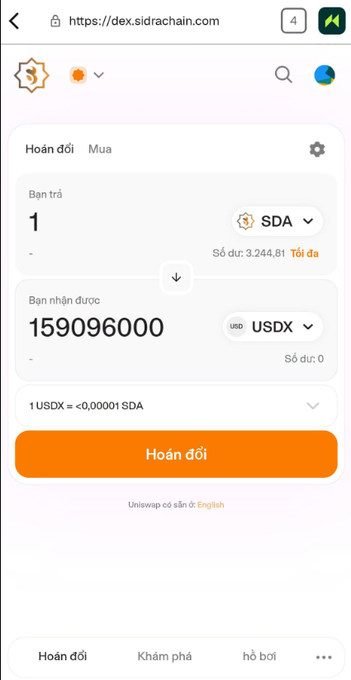 A mobile screenshot of the SDA DEX (dex.sidrachain.com) swap interface in Vietnamese, showing a trade of 1 SDA for approximately 15,909,600 USDX.