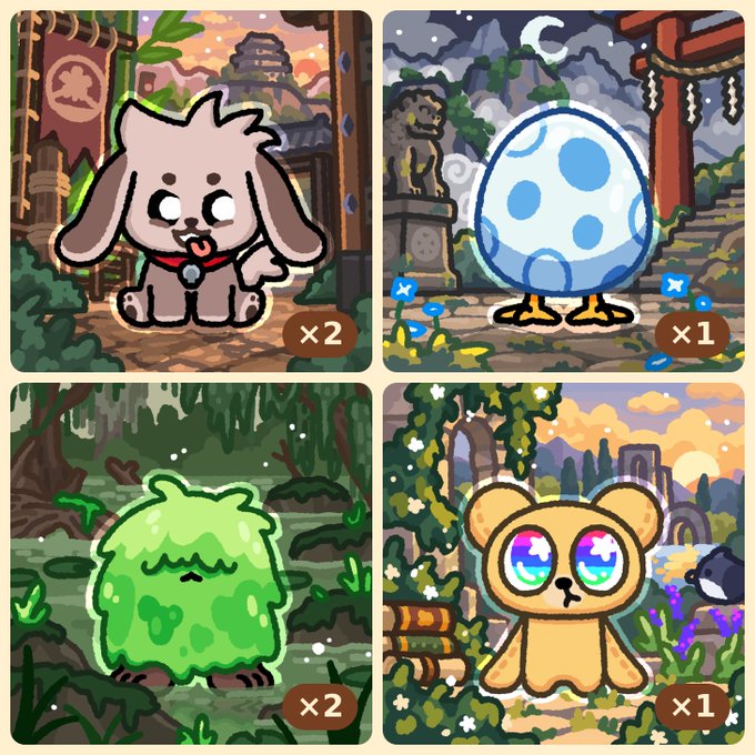 A 2x2 grid of cartoon-style character illustrations showing a gray dog, a blue spotted egg-like creature, a green blob, and an orange bear with rainbow eyes, each with quantity indicators.