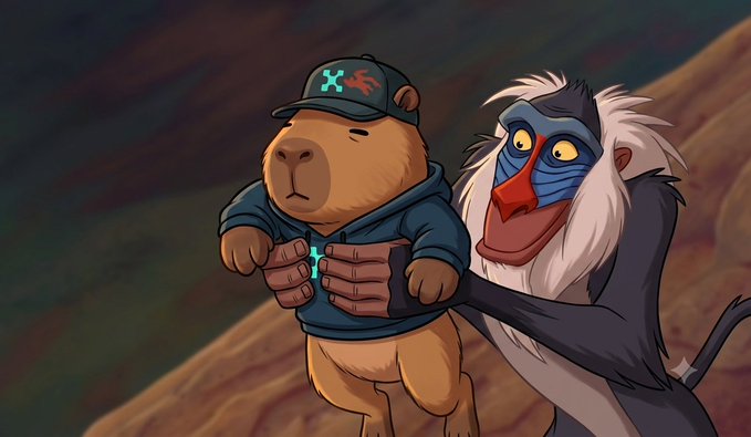 A 2D animated illustration depicts a brown capybara wearing a blue hoodie and a black cap with a green 'X' logo, being held from behind by a mandrill with a colorful face. They are set against a blurred, earthy background.