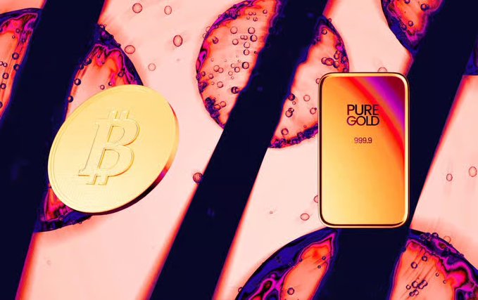 A Bitcoin (₿) coin and a gold bar labeled 'PURE GOLD 999.9' against a red, abstract background.