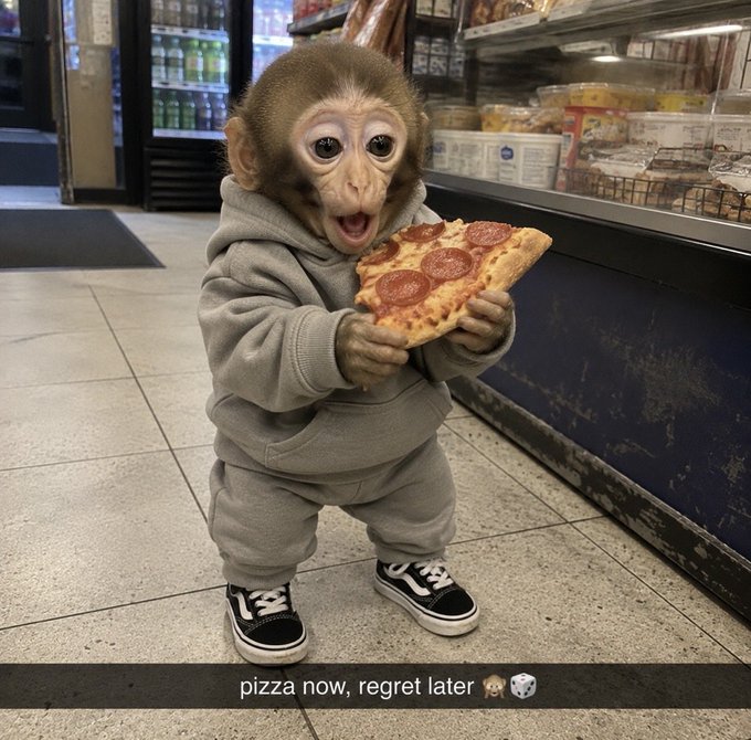 A baby monkey wearing a gray tracksuit and sneakers holds a slice of pepperoni pizza in what appears to be a convenience store, with the caption 'pizza now, regret later'.