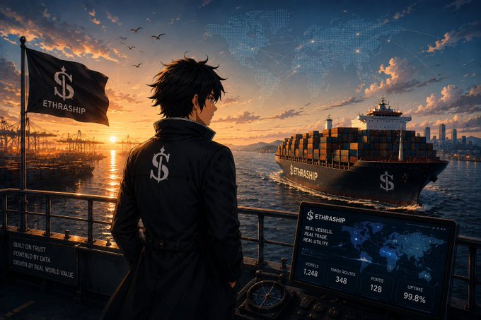 Anime-style artwork depicting a character on a ship with an 'ETHRASHIP' flag, showing dashboard stats including UPTIME 99.8% and text 'BUILT ON TRUST, POWERED BY DATA, DRIVEN BY REAL-WORLD VALUE'.