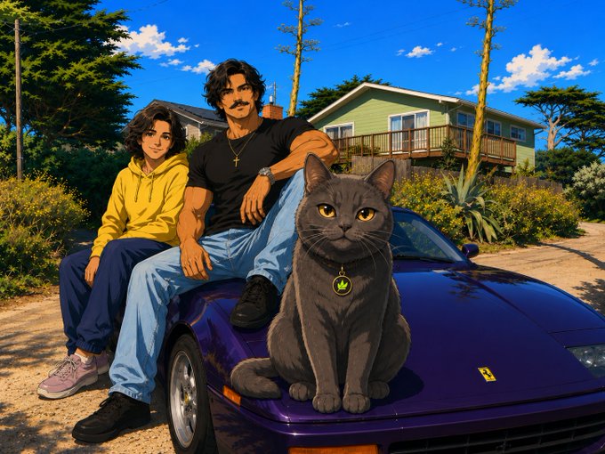 An anime-style illustration shows a man and a younger person sitting on the hood of a purple car, accompanied by a gray cat wearing a collar with a green leaf tag.