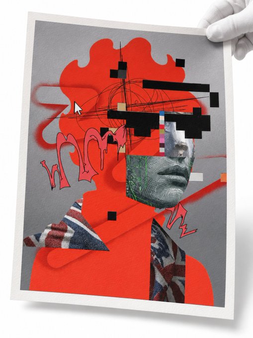 A piece of mixed-media art showing a collage portrait where the face is partially obscured by black rectangles, an American flag pattern, and red shapes, held by a gloved hand.