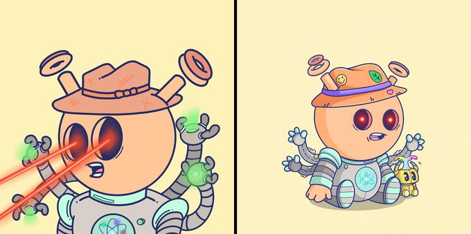 Two cartoon robot characters are shown side by side; the left robot fires red laser beams from its eyes, while the right robot holds a small cactus wearing a hat.