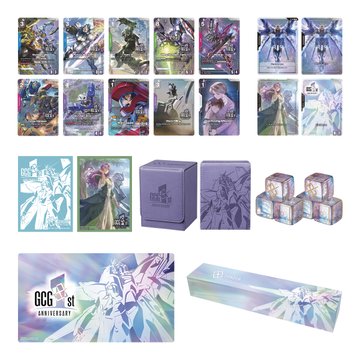 Collection of 'GBC 1st ANNIVERSARY' anime-style merchandise including character cards, storage boxes, dice sets, and acrylic stands featuring various illustrated characters.