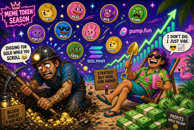 A vibrant meme-style illustration contrasting a stressed miner digging for gold with a relaxed guy lounging with profits, featuring Solana memecoins (WIF, PEPE, APE, BONK, POPCAT, MUH, GIGA, MOG, FREN) and pump.fun branding.