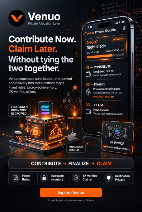 Promotional graphic for "Venuo Private Allocation Layer" featuring the tagline "Contribute Now. Claim Later. Without tying the two together," showing a smartphone displaying a three-step process (Contribute → Finalize → Claim) for the "$NIGHT Nightshade" token sale with a 10 SOL lot allocation, alongside visuals of an escrowed inventory vault and ZK proof verification, illustrating the concept of separating token contribution from claiming.