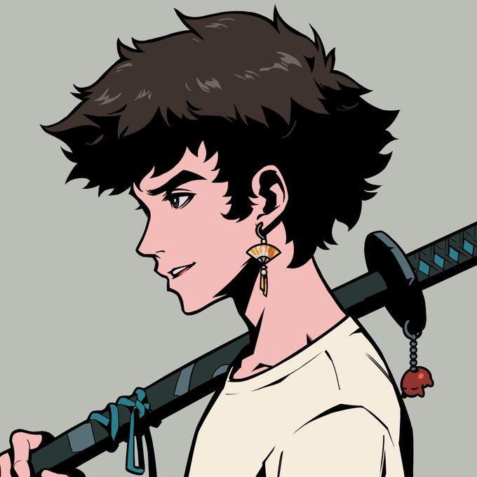 The image features an illustration of a young man with spiky hair holding a sword or a large knife. He has a serious expression on his face as he looks down at something behind him, possibly a bag or a backpack. The background appears to be a gray color, which contrasts with the dark hair and emphasizes the subject's presence in the scene. There is no text present in the image, but it seems like there might have been a post about Azuki TCG on social media before this illustration was created.
