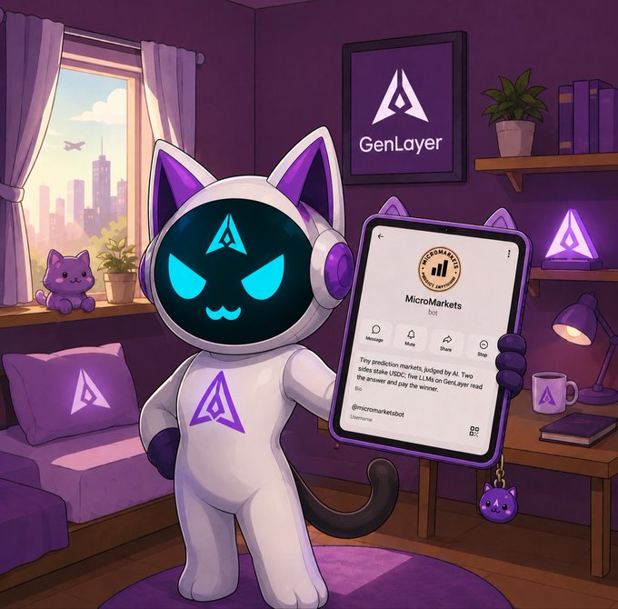 A purple and white robotic cat mascot holds a smartphone displaying a "MicroMarkets" Telegram bot, with a "GenLayer" logo poster visible on the wall of the room behind it.