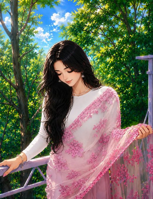 An anime-style illustration of a woman with long dark hair, wearing a white top and a sheer pink floral sari, standing on a balcony with trees in the background.