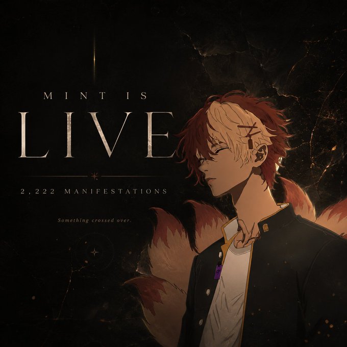 An anime character with blonde and red hair and fox-like features stands in shadow beside bold text reading "MINT IS LIVE" and "2,222 MANIFESTATIONS," with the tagline "Something crossed over," tying into the post's theme of a mysterious crossover event marking the launch of a 2,222-piece NFT collection called "THE RIFT" on OpenSea.