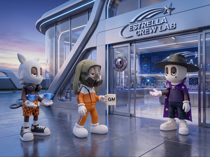 A 3D-rendered scene of three stylized cartoon characters standing outside the 'Estrella Crew Lab' building; one in a gas mask holds a 'GM' sign, while the others hold blue gems.