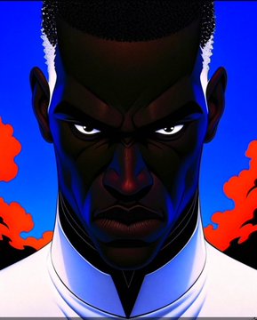 Stylized portrait illustration of a Black man with a flat-top haircut wearing a white high-collared jacket, set against a blue background with red cloud silhouettes.