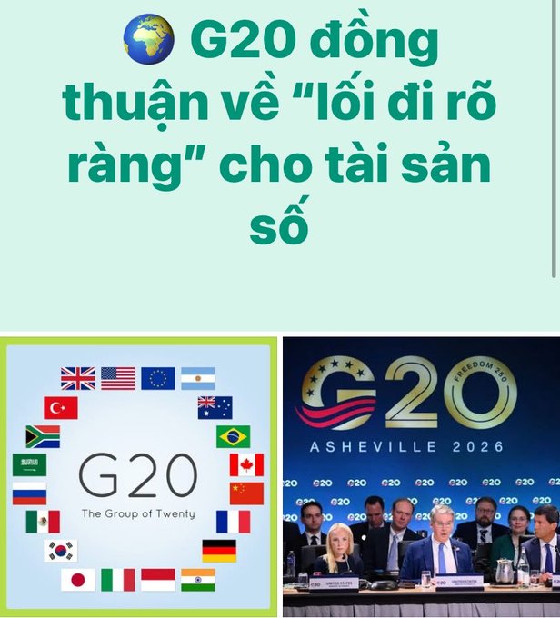 The image features a Vietnamese headline reading "G20 đồng thuận về 'lối đi rõ ràng' cho tài sản số" (G20 agrees on a "clear path" for digital assets), accompanied by the G20 logo with member country flags and a photo from the G20 summit in Asheville 2026. The image relates to the post by illustrating the global regulatory consensus forming around digital asset classification, which aligns with the U.S. Senate's anticipated vote on the CLARITY Act as a step toward establishing a legal framework for digital assets.