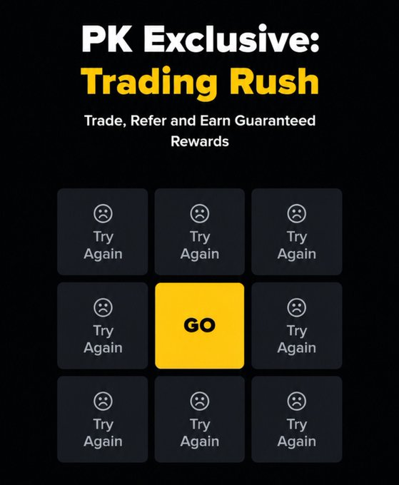 A promotional graphic titled 'PK Exclusive: Trading Rush' with the subtitle 'Trade, Refer and Earn Guaranteed Rewards,' featuring a 3x3 grid with eight 'Try Again' sad-face tiles surrounding one yellow 'GO' tile.