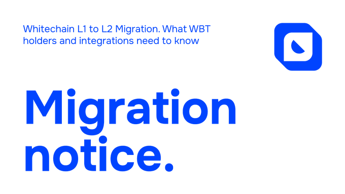 A minimalist white graphic with a blue logo and the text “Whitechain L1 to L2 Migration. What WBT holders and integrations need to know” above the large headline “Migration notice.”