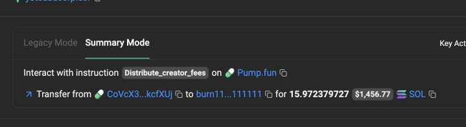Dark mode UI showing a transaction summary on a platform, with a transfer of 15.972379727 SOL ($1,456.77) from CoVeX3...kcfXUj to burn11...111111.