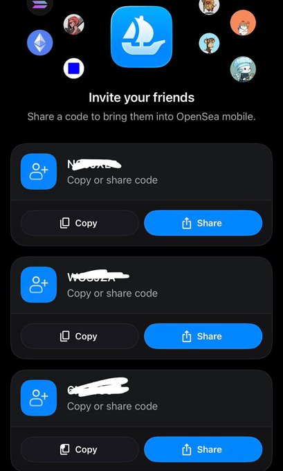 An OpenSea mobile app screen showing the 'Invite your friends' feature with three referral codes (partially redacted) and Copy/Share options.