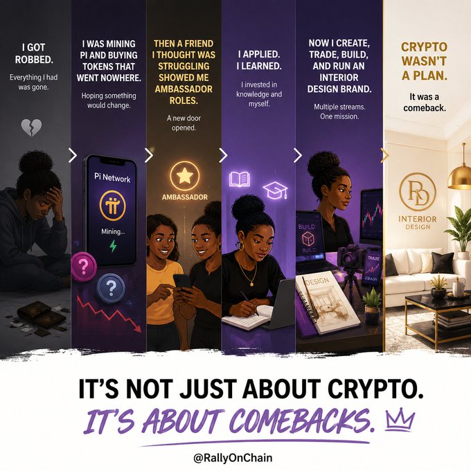 The image depicts a person sitting with their head down on a desk while playing with their phone. There are six panels of different colored vertical lines representing different stages of gameplay or experience, starting from an initial curiosity about cryptocurrency trading to learning about its application in creating and running an interior design brand using it as a means of financial recovery. The image also includes text that reads "It's not just about crypto. It's about comebacks."