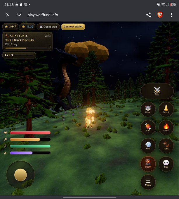 A screenshot of a mobile browser game at "play.wolffund.info" showing a wolf character in a nighttime forest with a "Connect Wallet" button.