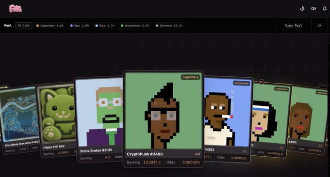 A screenshot of a CryptoPunks NFT marketplace showing a 'Pool' with odds (Legendary 0.6%, Epic 1.6%, Rare 2.3%, Uncommon 6.8%, Common 88.3%) and several pixel-art character cards including 'CryptoPunk #3498' (Legendary), 'Stink Broke #3051', and 'FWAW PFP #42'.