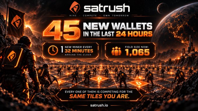 A promotional advertisement for 'satrush' cryptocurrency mining platform, displaying '45 NEW WALLETS IN THE LAST 24 HOURS' and '1 NEW MINER EVERY 32 MINUTES' against a sci-fi themed background.