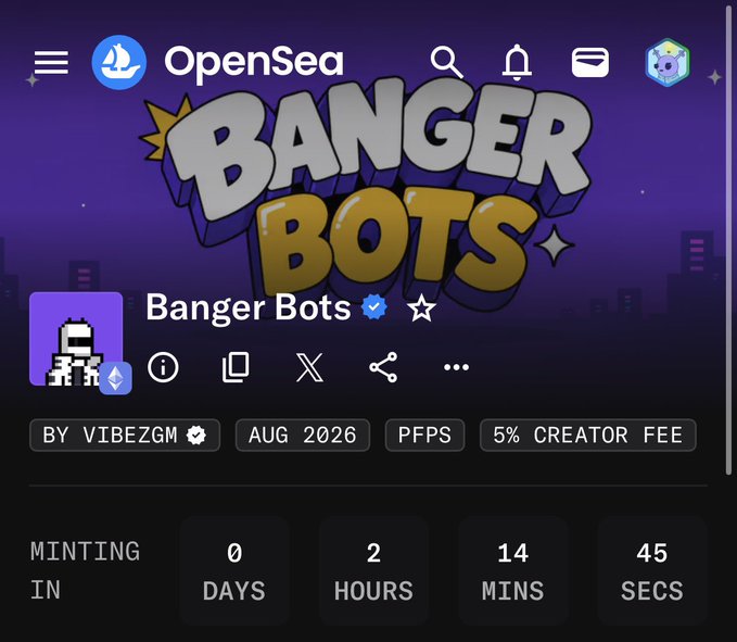 An OpenSea NFT minting page for 'Banger Bots' created by 'vibezgm', showing a countdown of '0 DAYS, 2 HOURS, 14 MINS, 45 SECS' to a mint date in 'AUG 2026', with a '5% CREATOR FEE'.