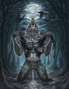 A dark fantasy illustration of a monstrous wolf-like creature howling in a moonlit forest.
