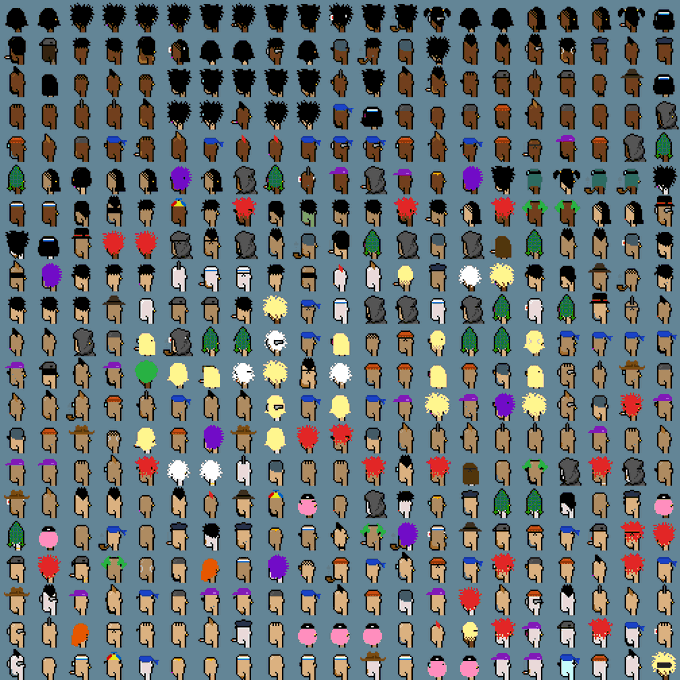 A pixel art sprite sheet displaying dozens of small, colorful character figures viewed from above, arranged in a grid on a gray background.