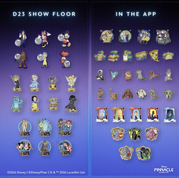 A promotional graphic for Disney Pinnacle showing various collectible pins, divided into 'D23 SHOW FLOOR' and 'IN THE APP' sections, featuring characters like Mickey Mouse and Elsa.