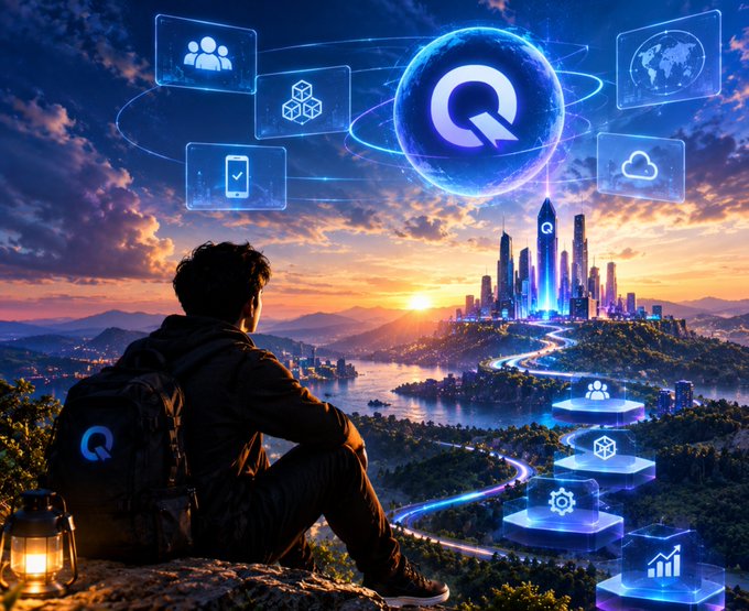 A digital illustration of a person with a backpack sitting on a cliff overlooking a futuristic city at sunset, surrounded by floating holographic icons including a large 'Q' symbol.