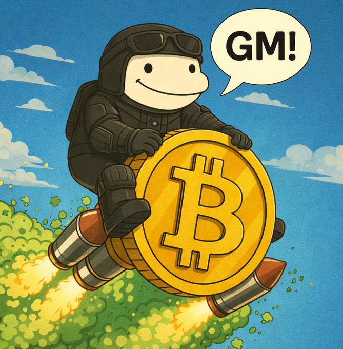 A cartoon character in tactical gear rides a rocket-shaped Bitcoin coin through the sky, saying "GM!" in a speech bubble—visually matching the post's upbeat crypto greeting inviting others to reply "GM" for the culture.