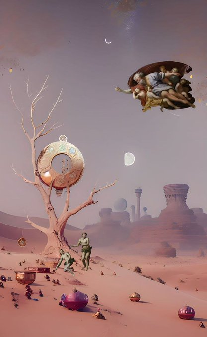 A surreal desert landscape features two figures by a barren tree, a floating classical statue, distant rock formations, and scattered purple spheres under a starry sky with two moons.