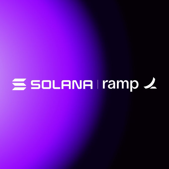 The image displays a logo banner featuring "SOLANA" and "ramp" side by side with a vertical separator, set against a vibrant purple-to-black radial gradient background. This visual reinforces the announcement of Ramp expanding stablecoin accounts and payments to its 70,000+ customers with settlement on the Solana blockchain.